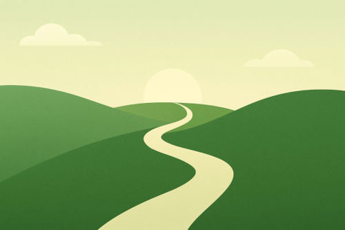 Illustration eines Weges welcher sich durch eine grüne Landschaft bahnt