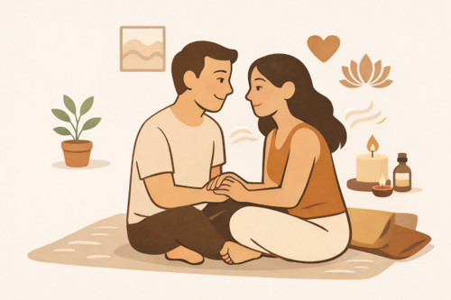 Illustration eines liebenden Paares welches auf einem Teppich auf dem Boden sitzt