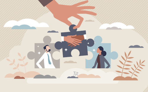 Illustration, Hand platziert Puzzleteil welches ein Paar wieder verbindet